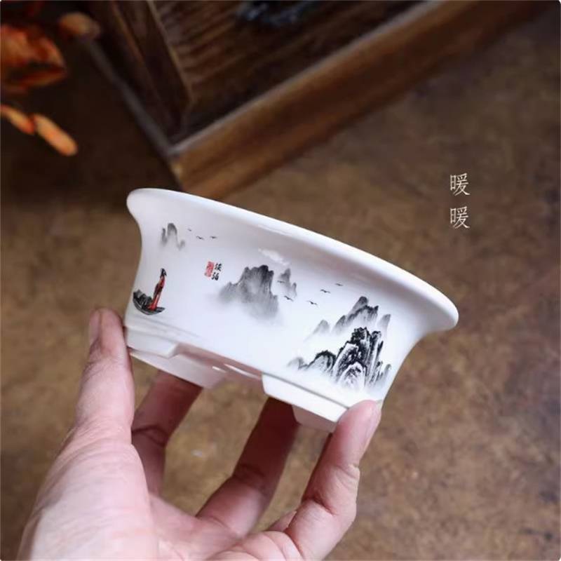 Plant Pot Small Desk - Pot Bonsai Oval Putih Porselen, Pot